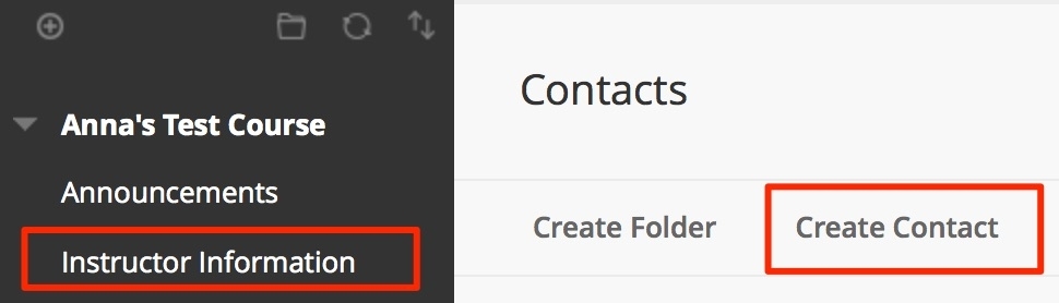 Select instructor information from the course menu, then select Create Contact